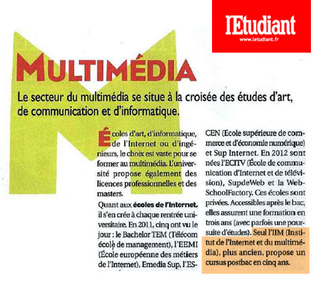 iim institut internet multimedia paris la defense magazine hors serie formation l etudiant article - L'IIM mis en avant dans le hors série des formations multimédia / internet du magazine L'Étudiant