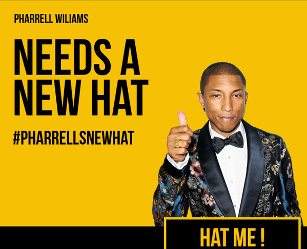 iim pharells new hat - Buzzies Award 2014 - Pharell Williams a besoin de vous pour trouver un nouveau chapeau !